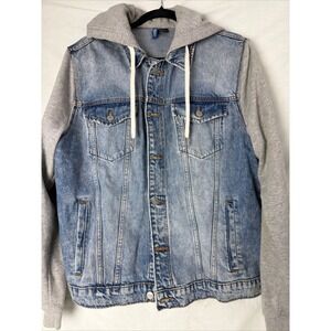 H&M Divided Mens Denim Jacket with Grey Jersey Hood and Sleeves Blue Large